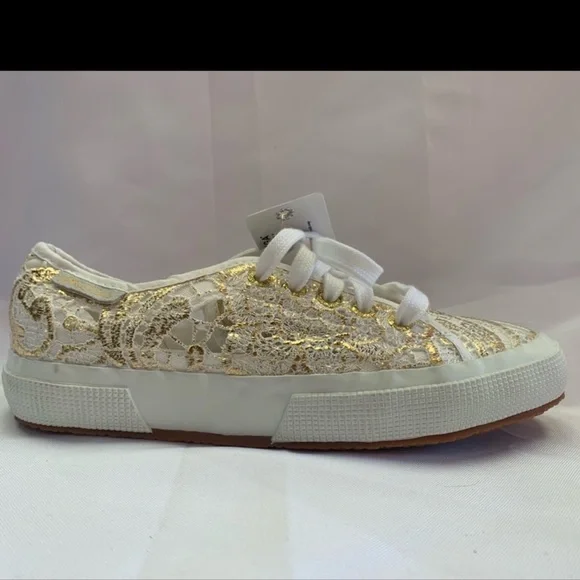 Superga White and Gold Lace-Up Sneakers - Picture 3 of 5